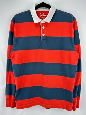Boden Wide-Striped Rugby Polo in Red, Navy & White Collar